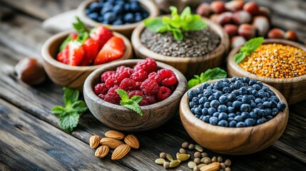 Fototapeta premium Vibrant superfoods, fresh fruits, berries, nuts, and seeds on a rustic table, celebrating natural health and vitality