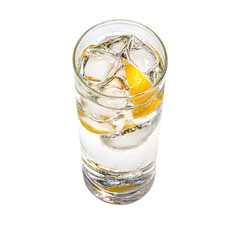 Refreshing glass of alkaline water with ice and a slice of orange isolated on white background for healthy hydration