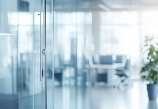 modern office interior with glass walls and blurred background, featuring sleek door handle and plant. bright and spacious environment creates professional atmosphere