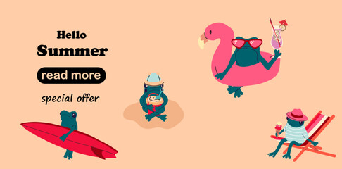 Web page design template.  A set of four cartoon frogs in different beach poses, enjoying summer activities