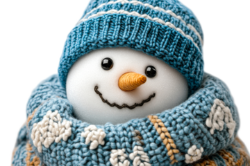 Snowman wearing blue hat and scarf on transparent background
