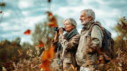 An elderly couple watches birds with binoculars in the wild - Powered by Adobe