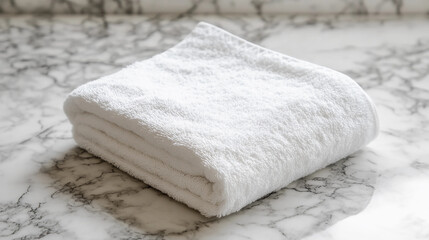 A folded white towel on a marble surface