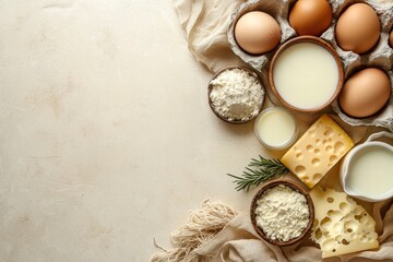 Fototapeta premium Fresh dairy products, including milk, cheese, and eggs, sit on a rustic beige background. Organic ingredients highlight the simplicity of farm life