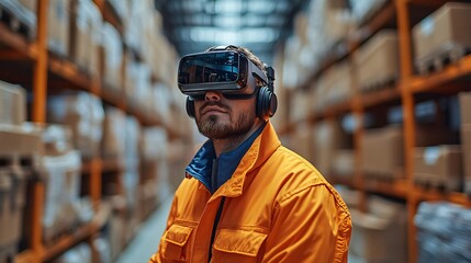 Virtual reality training session warehouse technology industrial environment close-up view innovation