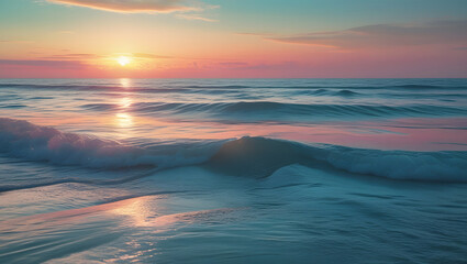 Fototapeta premium Realistic Ocean Waves at Sunset with Gradient Sky Wallpaper. High resolution Ai image.