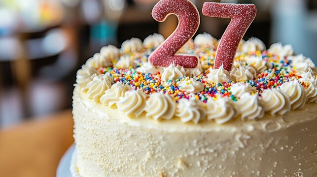 Close-up birthday cake, 27th celebration, festive party background