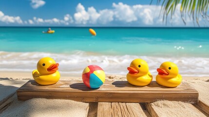Obraz premium Three Rubber Ducks on a Beach Bench