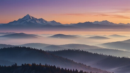 Obraz premium Misty Mountain Landscape with Soft Gradient Sky Wallpaper. High resolution Ai image.