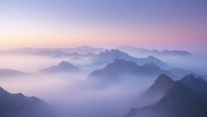 Misty Mountain Landscape with Soft Gradient Sky Wallpaper. High resolution Ai image.