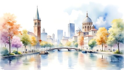 Obraz premium Autumnal Canal Scene: Cityscape with Bridge and Dome