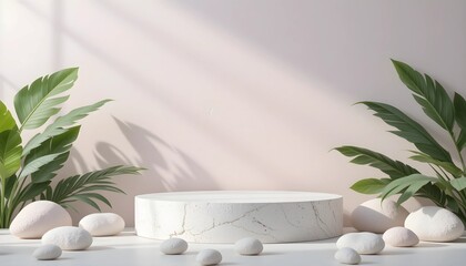 Elegant Minimalist Product Display with White Marble Pedestal and Greenery