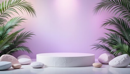 Minimalist product display stage with palm leaves and stones.