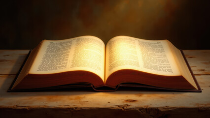 Obraz premium Opened book with illuminated pages on wooden table.