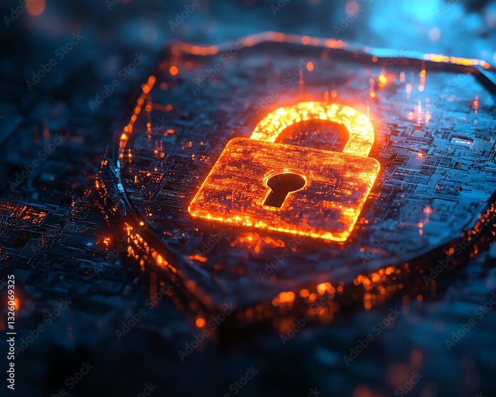 Poster Digital information safety concept with a glowing padlock on a shield, representing cyber security, with futuristic elements and a dark foggy abstract background
