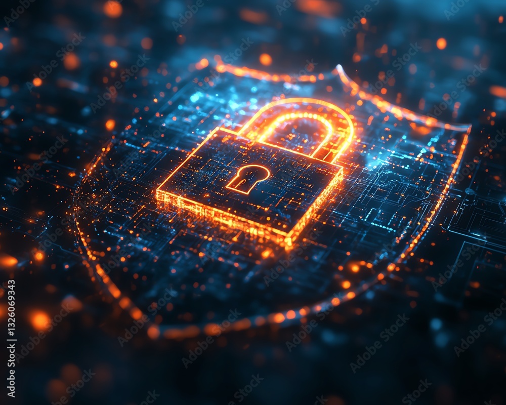 Aufkleber digital information safety concept with a glowing padlock on a shield, representing cyber security, 