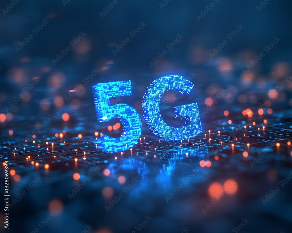 Poster futuristic 5g network concept with glowing blue text, interconnected digital lines, set against a da