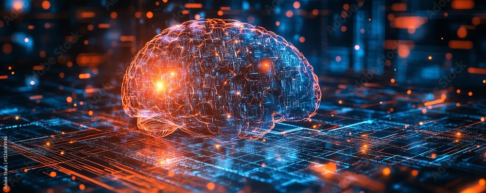 Aufkleber Futuristic digital brain hologram with glowing data streams and intricate visualizations on a techinspired background, symbolizing AI and machine learning advancements