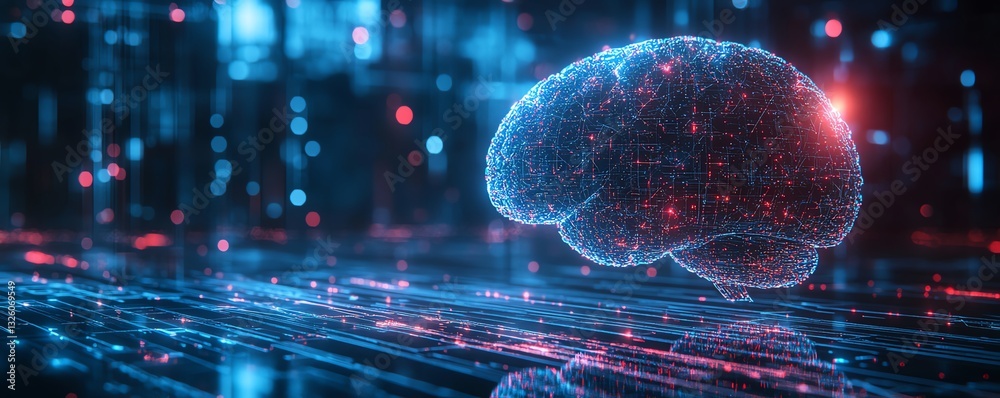 Aufkleber Futuristic digital brain hologram with glowing data streams and intricate visualizations on a techinspired background, symbolizing AI and machine learning advancements
