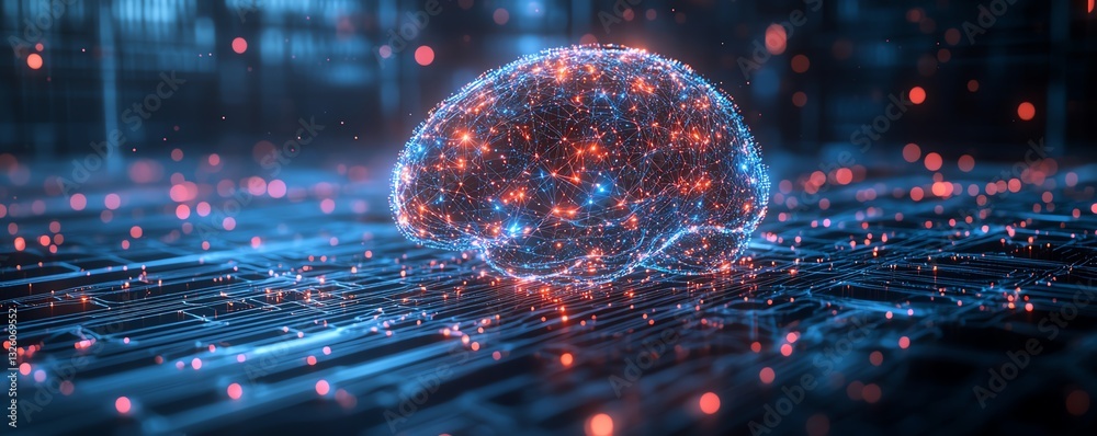 Aufkleber Futuristic digital brain hologram with glowing data streams and intricate visualizations on a techinspired background, symbolizing AI and machine learning advancements