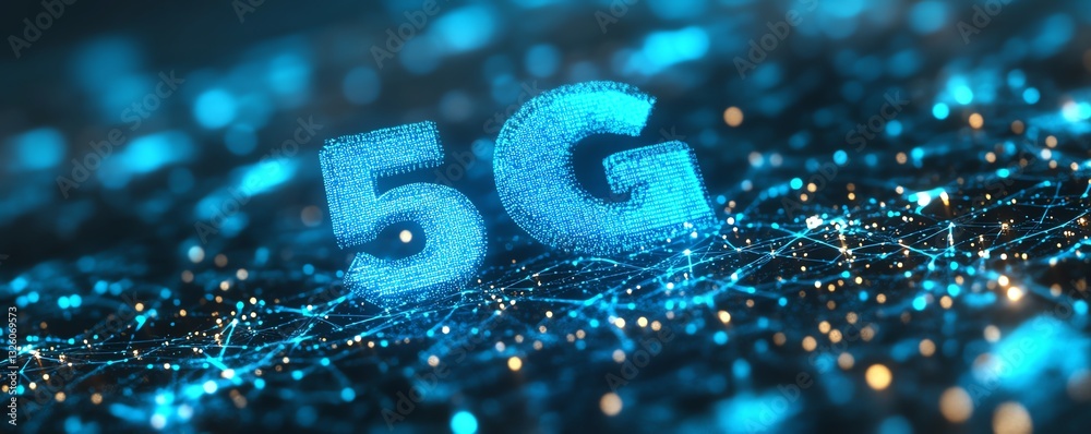 Poster Hightech 5G network concept with luminous blue text, connected digital lines, and a futuristic dark backdrop, emphasizing seamless communication and fast data transfer