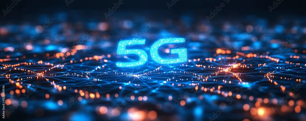 Poster Hightech 5G network concept with luminous blue text, connected digital lines, and a futuristic dark backdrop, emphasizing seamless communication and fast data transfer
