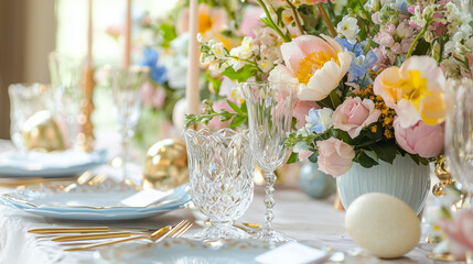 Elegant Easter brunch setup featuring crystal glasses, gleaming gold cutlery, and a soft pastel floral centerpiece. A refined table setting perfect for a festive celebration