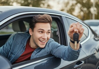 Happy man holding car keys while leaning out of a vehicle window