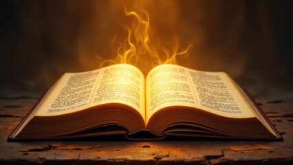 An open Bible with visible text pages, accompanied by a fiery aura around its edges, set against a dark background to emphasize the book's importance and divine nature.