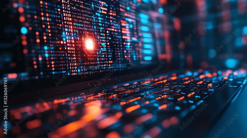 Poster Office desktop closeup with a laptop, glowing AI hologram, and binary code on a blurred background, showcasing technology, artificial intelligence, and digital programming