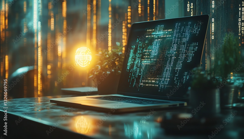 Poster Office desktop closeup with a laptop, glowing AI hologram, and binary code on a blurred background, showcasing technology, artificial intelligence, and digital programming