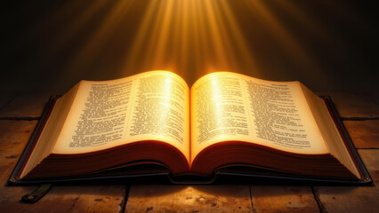 Obraz premium Opened bible with illuminated pages on a wooden table.