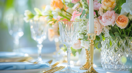Elegant Easter brunch setup featuring crystal glasses, gleaming gold cutlery, and a soft pastel floral centerpiece. A refined table setting perfect for a festive celebration