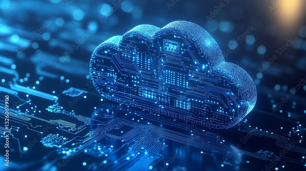 Fototapete 3D cloud computing icon in blue with circuit board design, set against a light blue backdrop, representing the fusion of cloud technology and digital networks