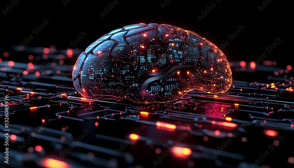 Leinwandbilder 3D holographic brain with data visualization and glowing neural connections on a technologythemed background, symbolizing advanced cognitive computing and AI