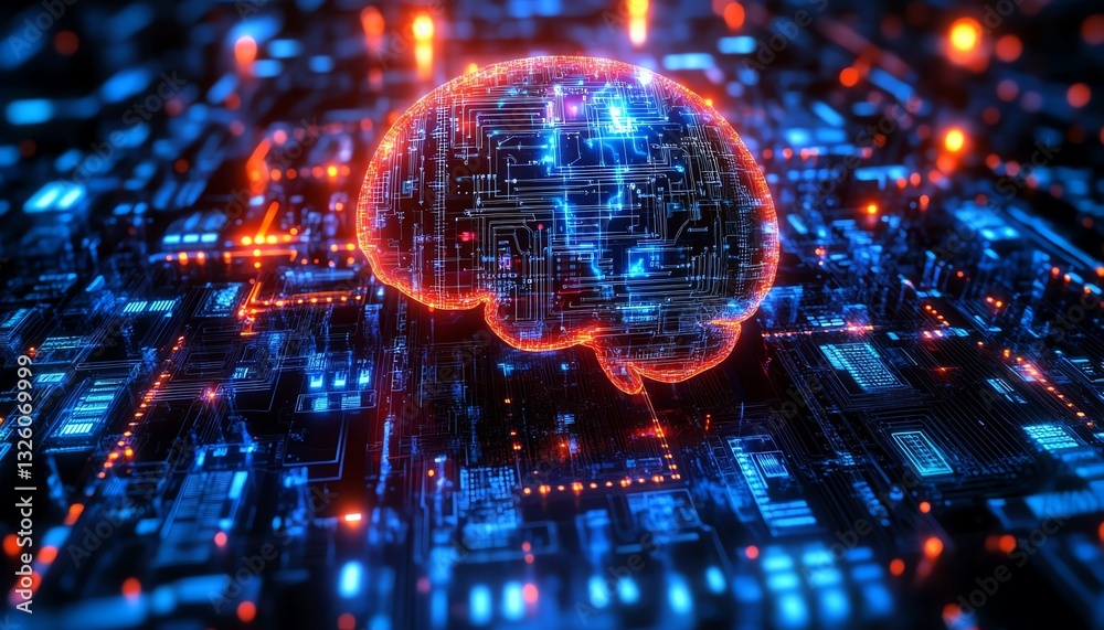 Poster 3D holographic brain with data visualization and glowing neural connections on a technologythemed background, symbolizing advanced cognitive computing and AI