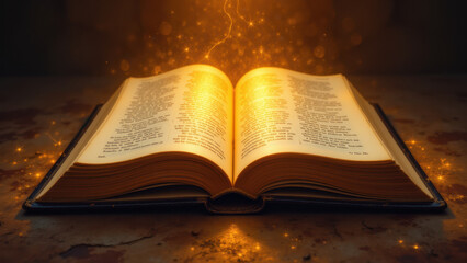 Obraz premium A large open bible with glowing pages emitting magical-looking energy particles.