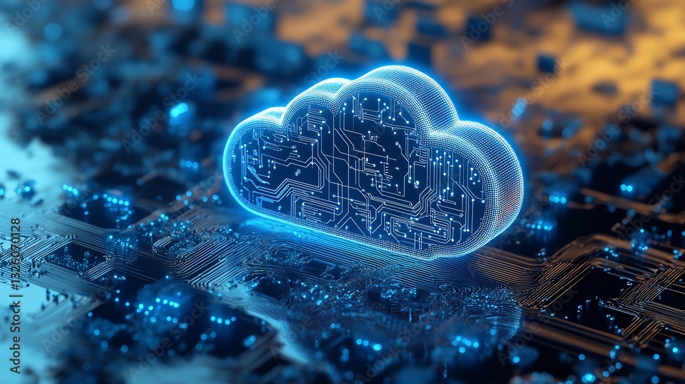 Poster 3D rendered blue cloud computing icon with circuit patterns, placed on a light blue background, symbolizing digital infrastructure and networked technology