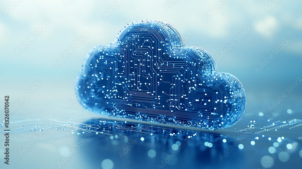 Poster 3D rendered blue cloud computing icon with circuit patterns, placed on a light blue background, symbolizing digital infrastructure and networked technology