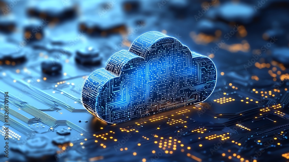 Poster 3D rendered blue cloud computing icon with circuit patterns, placed on a light blue background, symbolizing digital infrastructure and networked technology