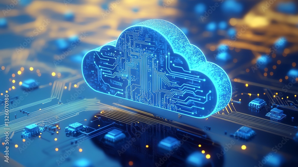 Poster 3D rendered blue cloud computing icon with integrated circuit design, set against a light blue background, representing cloud technology and data processing