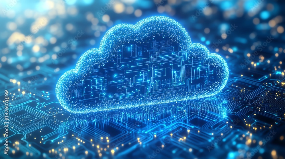 Poster 3D rendered blue cloud computing icon with integrated circuit design, set against a light blue background, representing cloud technology and data processing