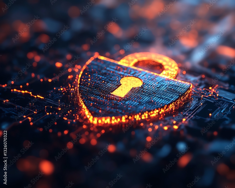Poster 3D rendering of a digital padlock and shield symbolizing data protection, surrounded by a digital fog, with a hightech abstract dark background for security