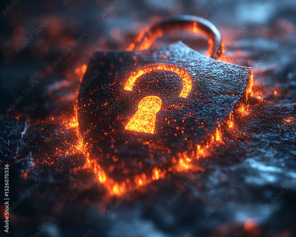 Fototapete 3D rendering of a digital padlock and shield symbolizing data protection, surrounded by a digital fog, with a hightech abstract dark background for security