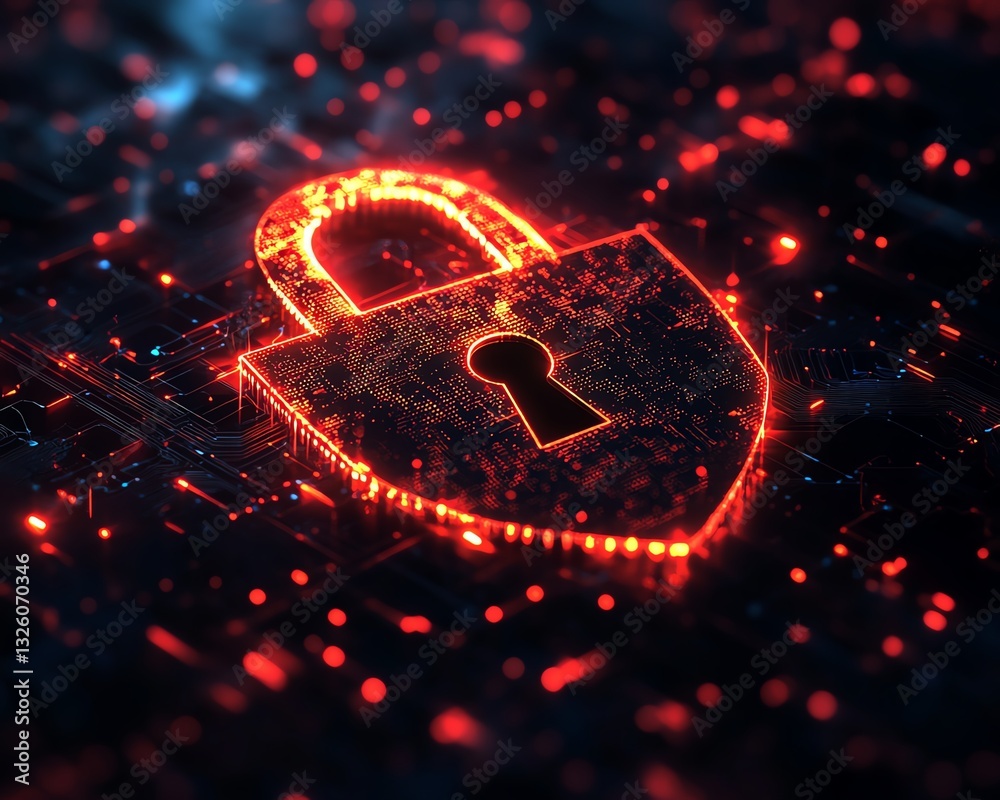 Leinwandbilder 3d rendering of a digital padlock and shield symbolizing data protection, surrounded by a digital fo
