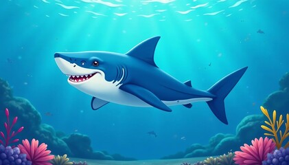 Obraz premium Illustration of a cute, smiling whale shark swimming in the ocean, ocean, illustration, wildlife