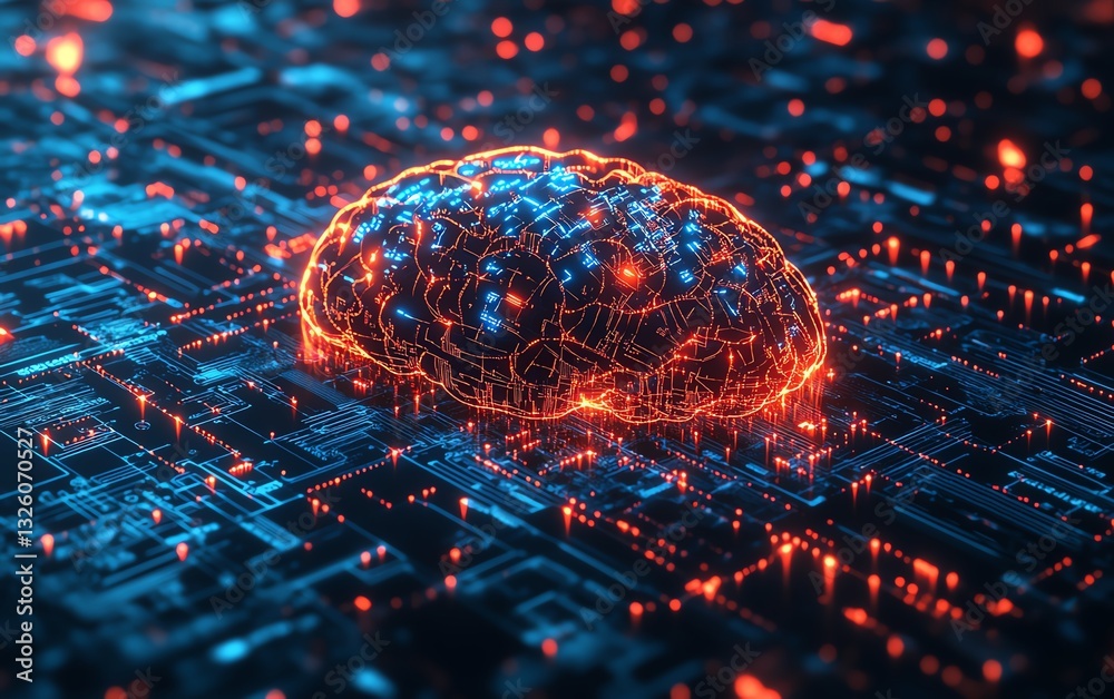 Aufkleber Advanced digital brain hologram with interactive data visualization, glowing circuits, and a futuristic technology background, representing neural computing in 3D