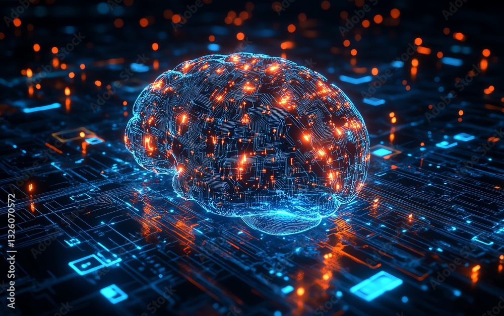 Aufkleber Advanced digital brain hologram with interactive data visualization, glowing circuits, and a futuristic technology background, representing neural computing in 3D