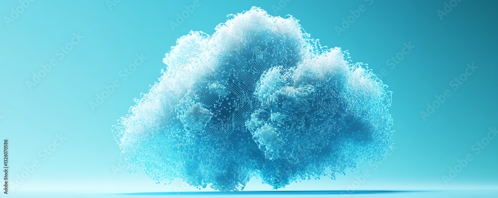 Poster Blue cloud computing icon with intricate circuit design, 3D rendered against a light blue background, showcasing innovation in cloud technology