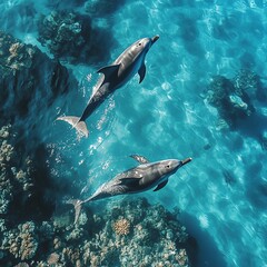 Obraz premium Two dolphins gracefully swim above vibrant coral reef in crystal-clear ocean water. A stunning underwater scene.